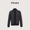 PRADA Vertical Stripe Embroidered Collared Knit Cardigan - Black