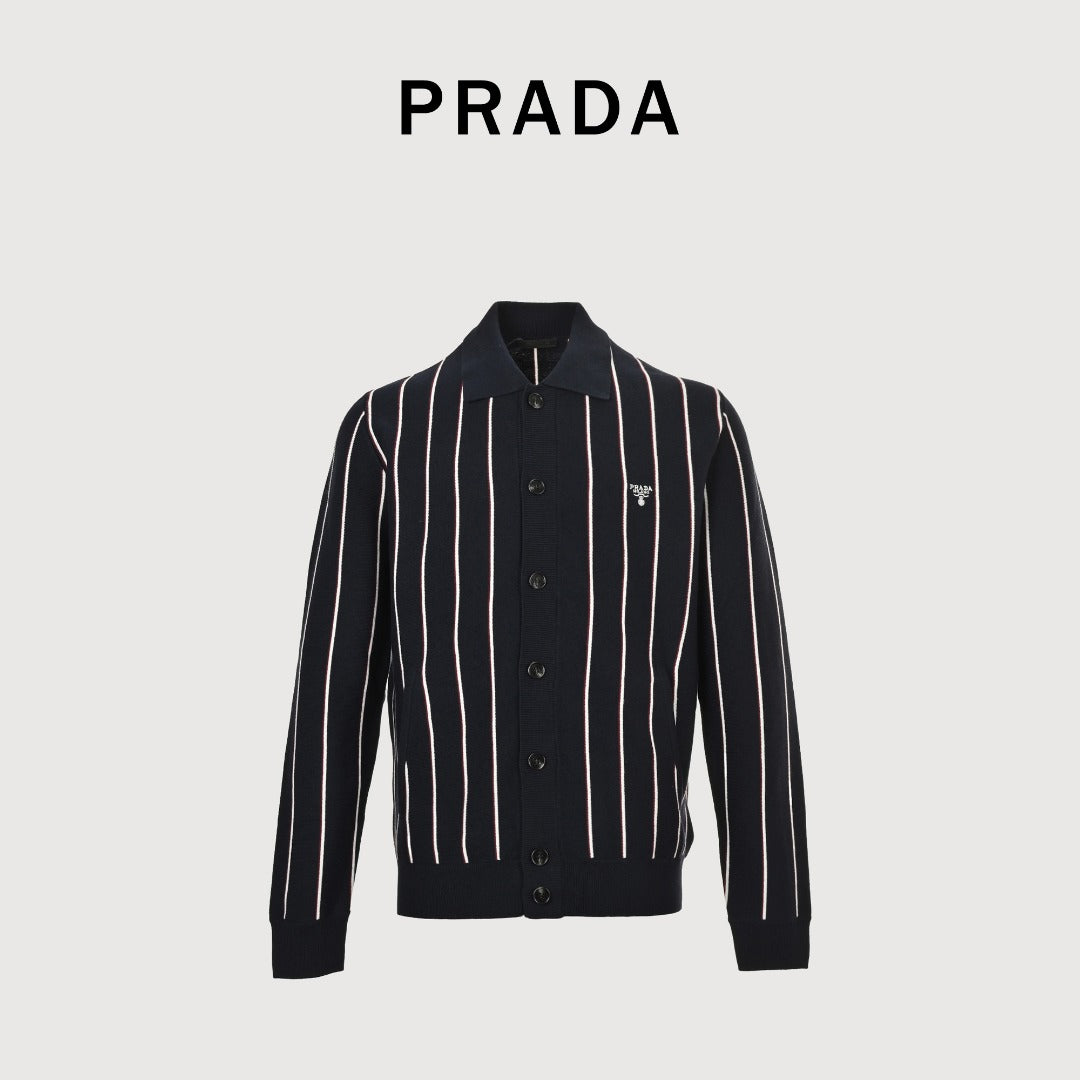 PRADA Vertical Stripe Embroidered Collared Knit Cardigan - Black