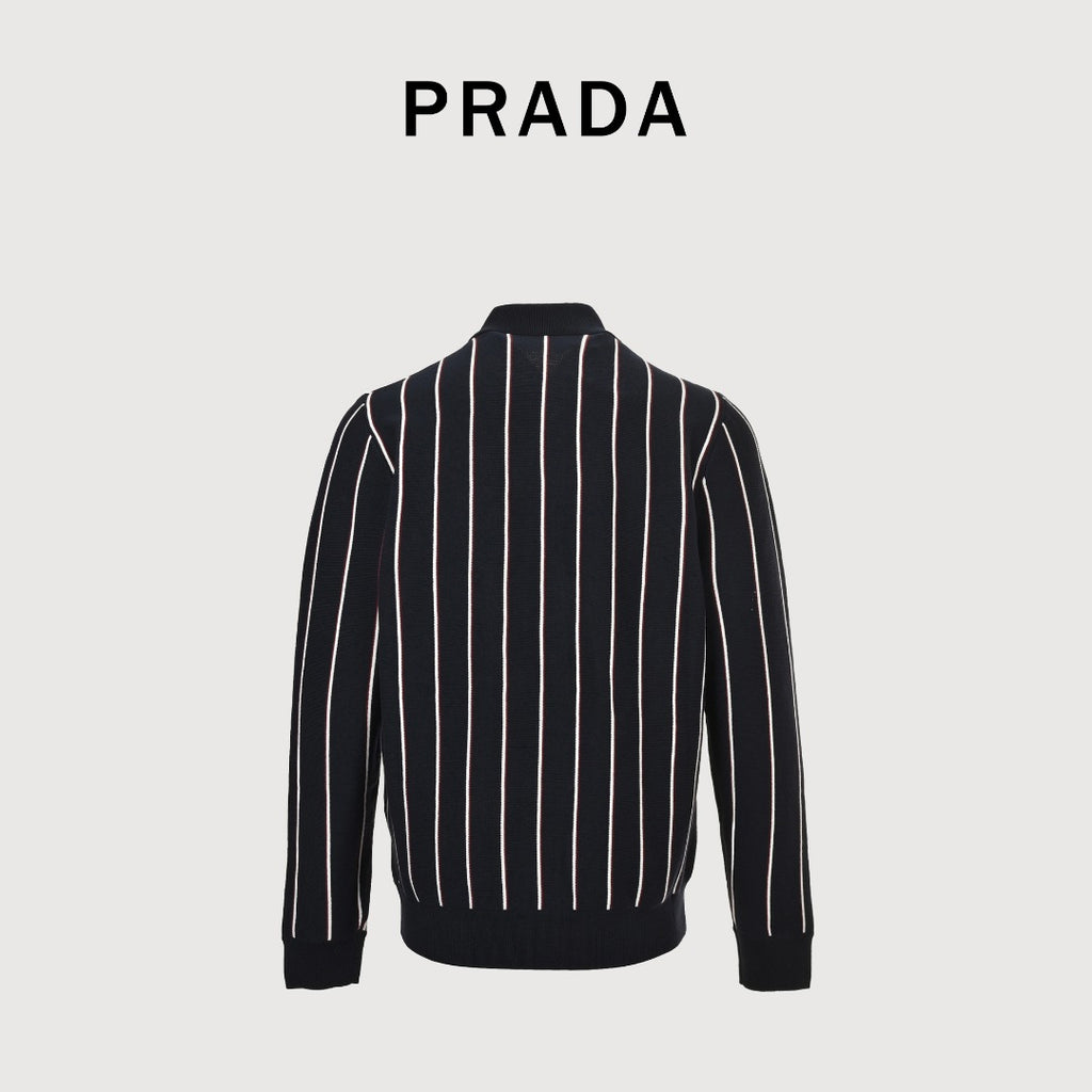 PRADA Vertical Stripe Embroidered Collared Knit Cardigan - Black