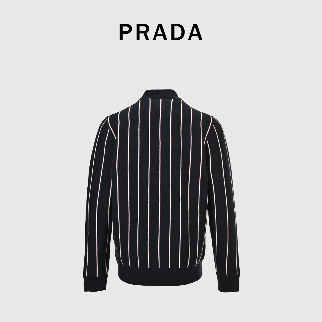 PRADA Vertical Stripe Embroidered Collared Knit Cardigan - Black