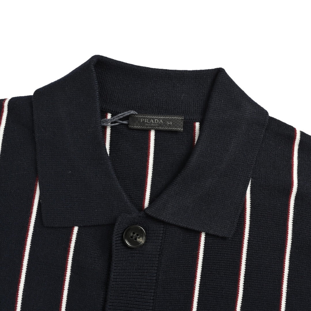 PRADA Vertical Stripe Embroidered Collared Knit Cardigan - Black
