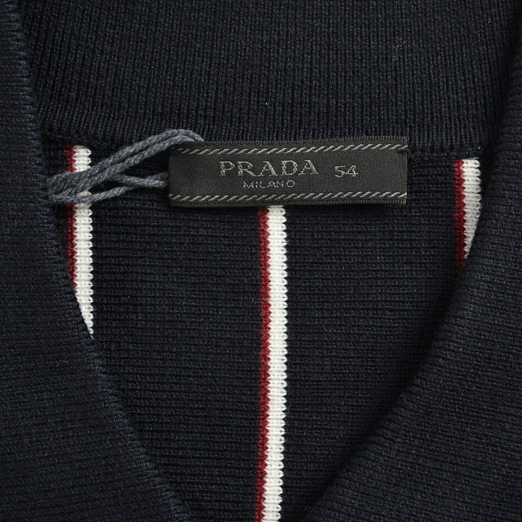 PRADA Vertical Stripe Embroidered Collared Knit Cardigan - Black