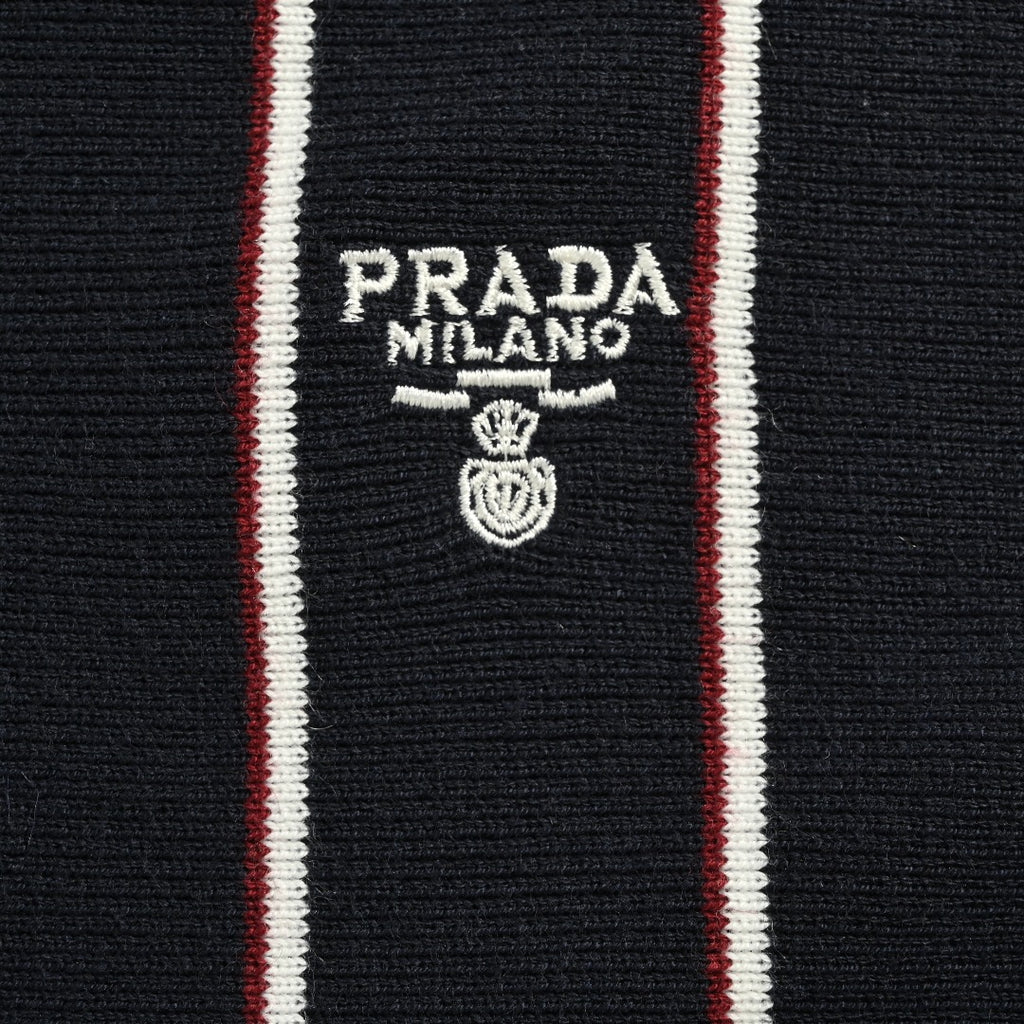 PRADA Vertical Stripe Embroidered Collared Knit Cardigan - Black