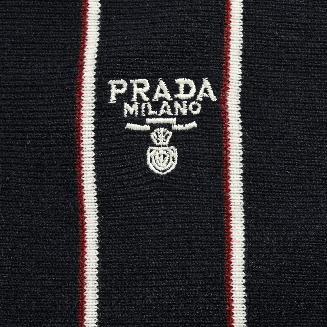 PRADA Vertical Stripe Embroidered Collared Knit Cardigan - Black