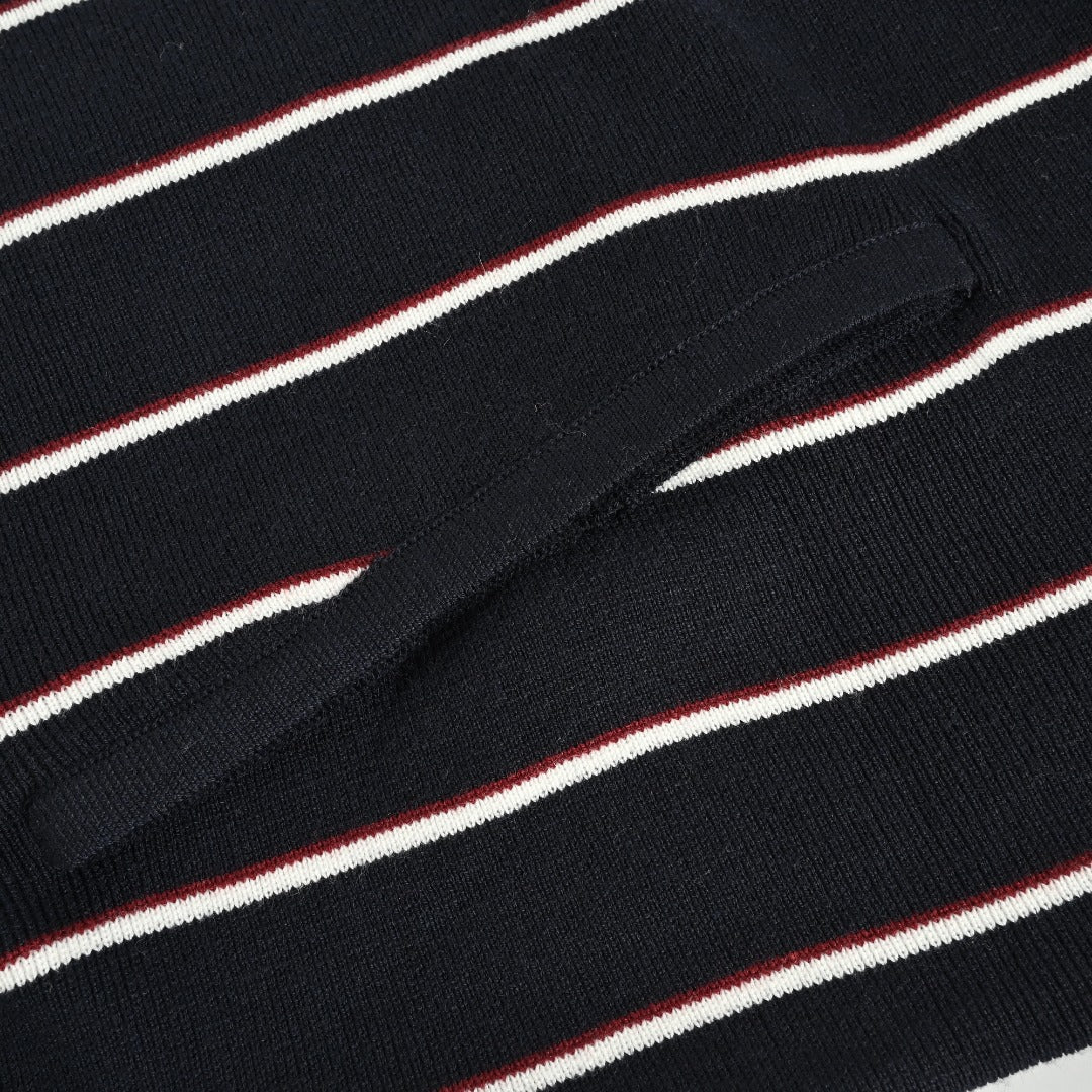 PRADA Vertical Stripe Embroidered Collared Knit Cardigan - Black