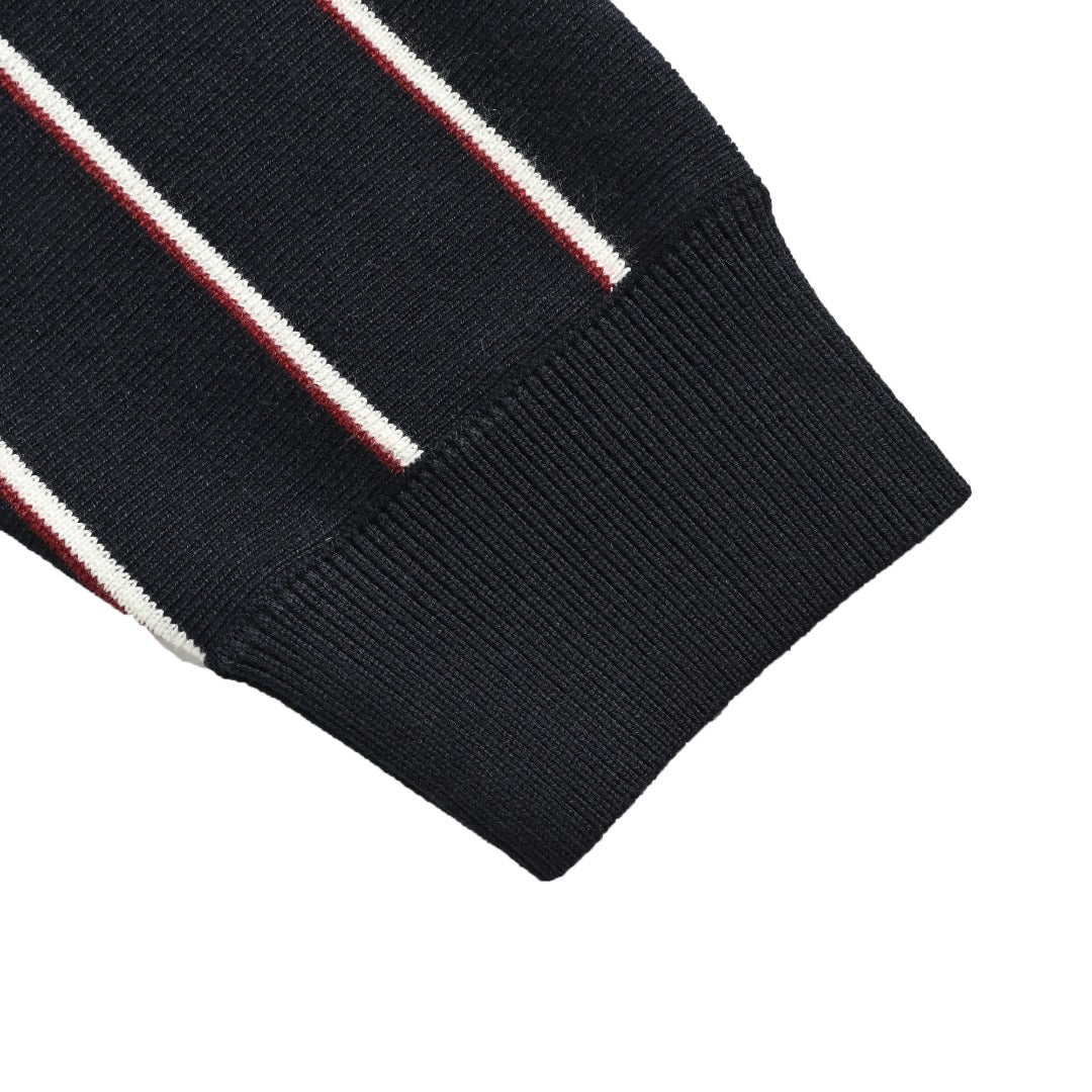PRADA Vertical Stripe Embroidered Collared Knit Cardigan - Black