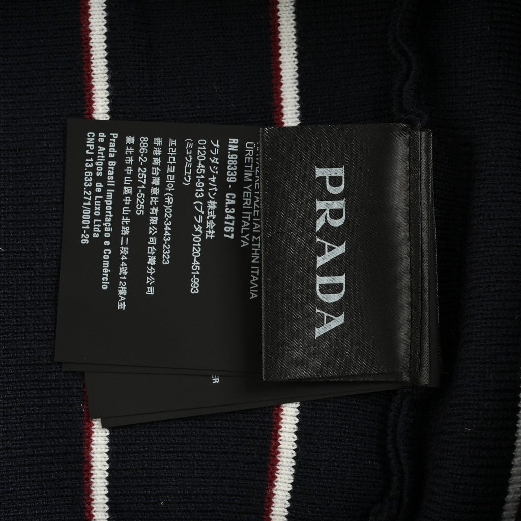 PRADA Vertical Stripe Embroidered Collared Knit Cardigan - Black
