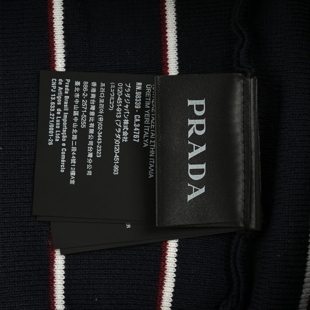 PRADA Vertical Stripe Embroidered Collared Knit Cardigan - Black