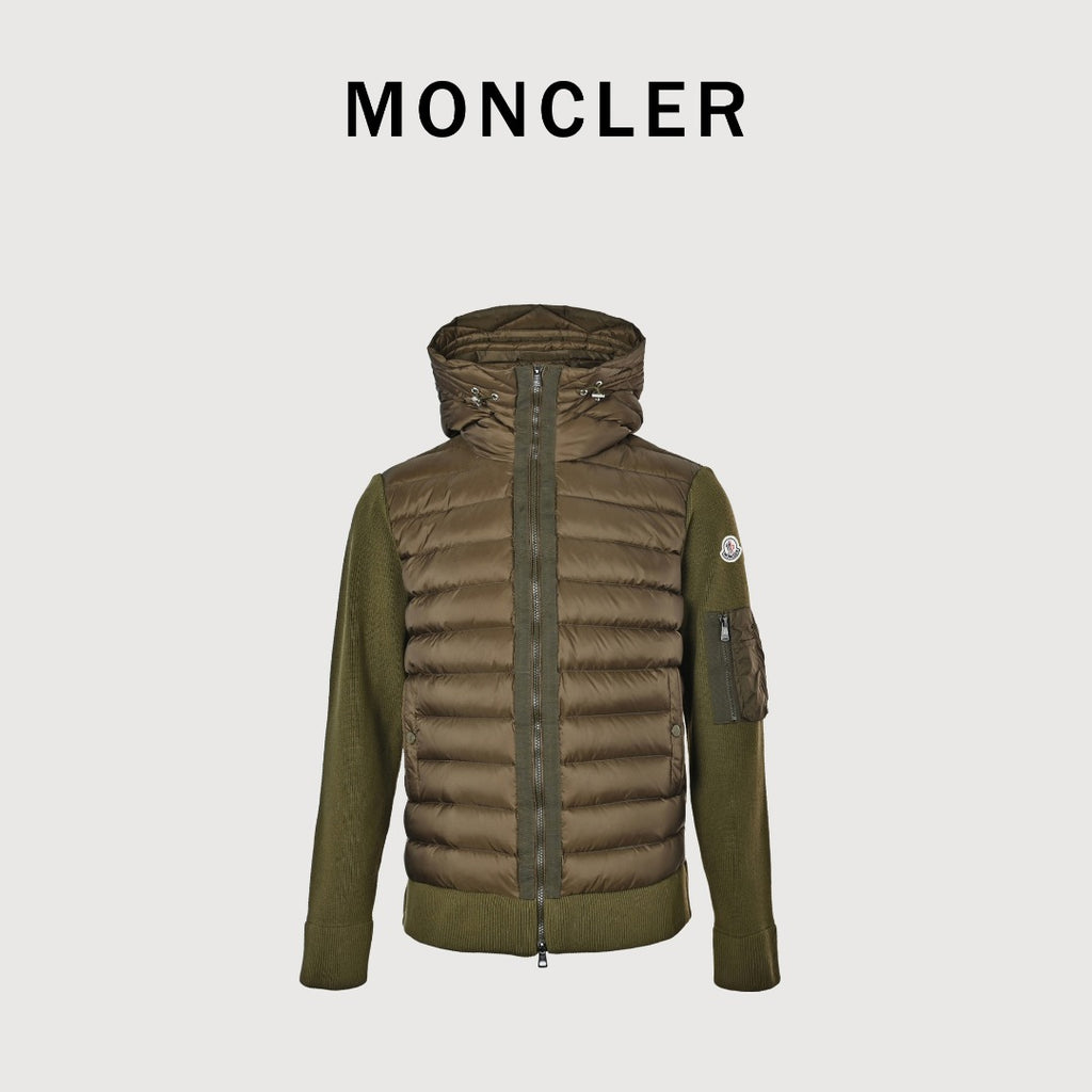 Moncler Hooded Knit Hybrid Down Jacket with Sleeve Pocket - Olive Green