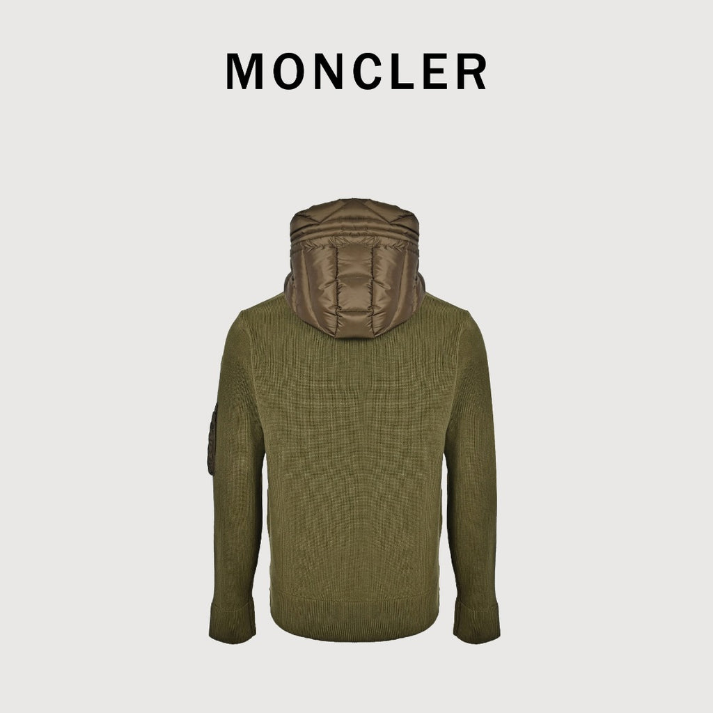 Moncler Hooded Knit Hybrid Down Jacket with Sleeve Pocket - Olive Green