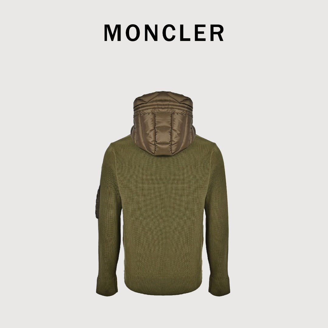 Moncler Hooded Knit Hybrid Down Jacket with Sleeve Pocket - Olive Green