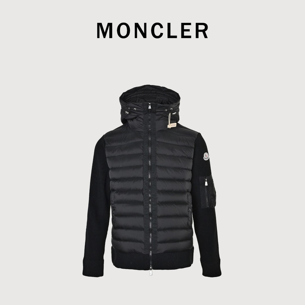 Moncler Hooded Knit Hybrid Down Jacket with Sleeve Pocket - Black