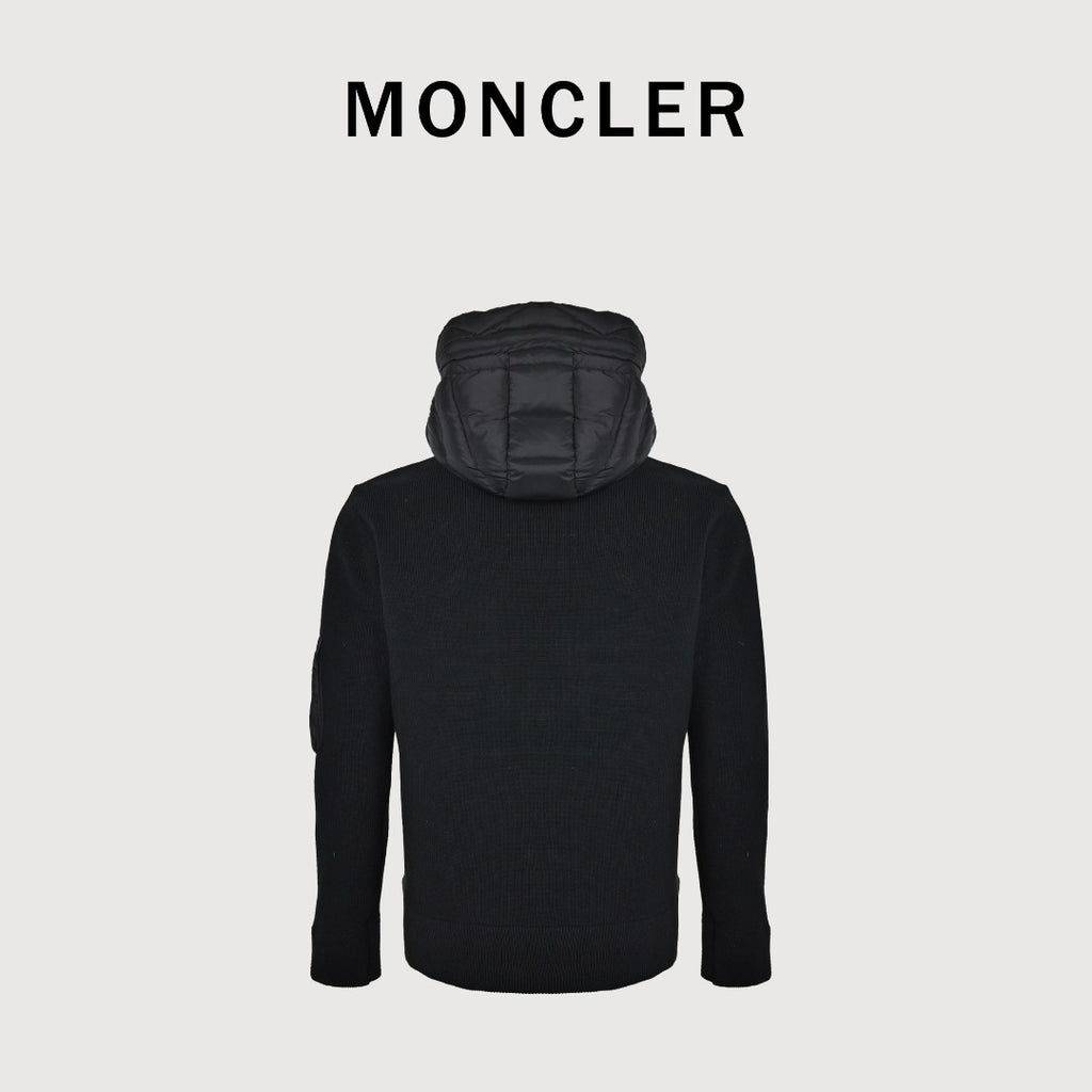 Moncler Hooded Knit Hybrid Down Jacket with Sleeve Pocket - Black