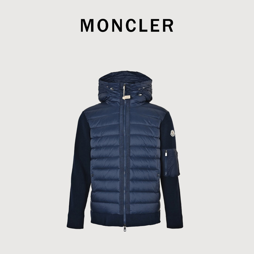 Moncler Hooded Knit Hybrid Down Jacket with Sleeve Pocket - Navy Blue