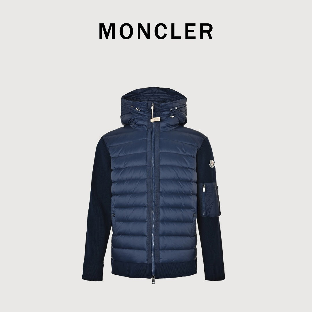 Moncler Hooded Knit Hybrid Down Jacket with Sleeve Pocket - Navy Blue