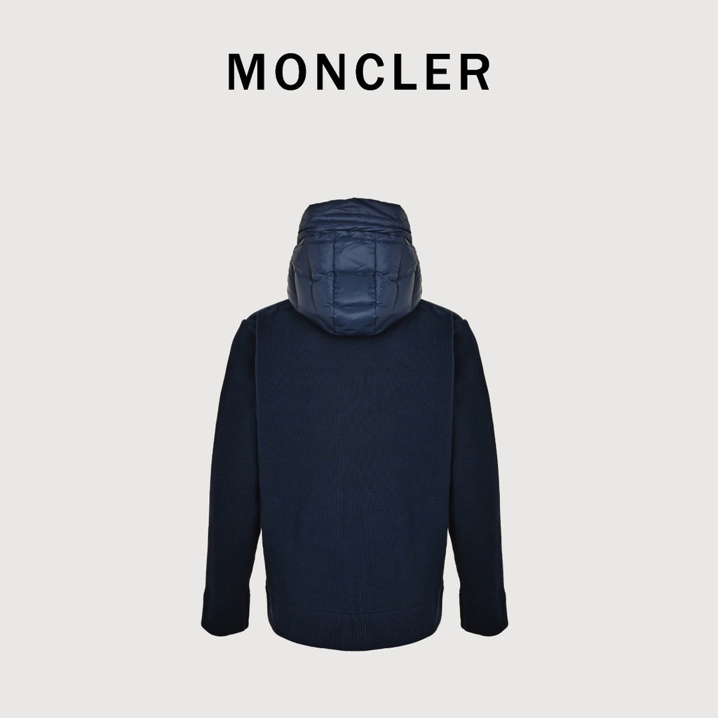 Moncler Hooded Knit Hybrid Down Jacket with Sleeve Pocket - Navy Blue