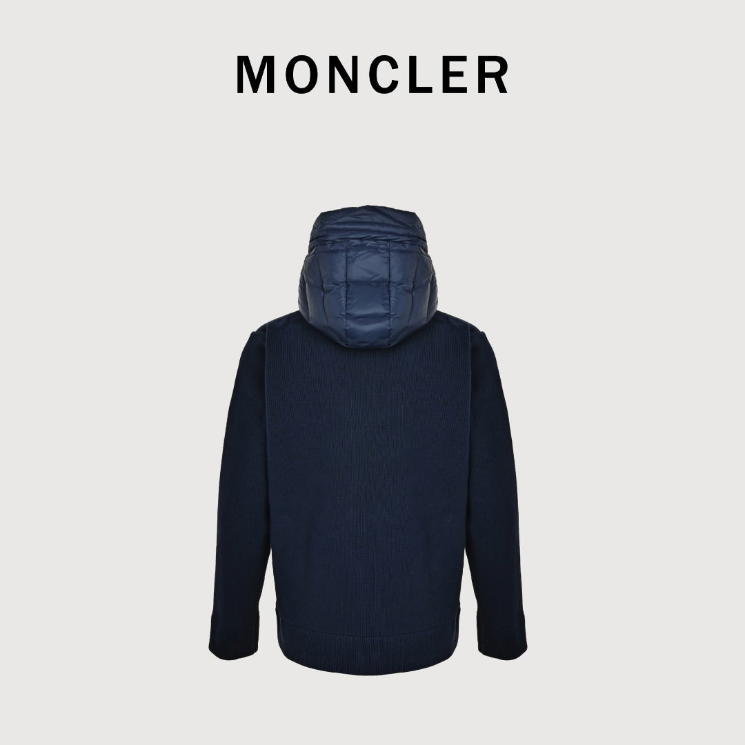 Moncler Hooded Knit Hybrid Down Jacket with Sleeve Pocket - Navy Blue