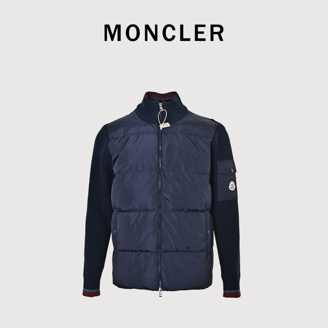 Moncler Color-Trim Knit Hybrid Down Jacket - Navy Blue