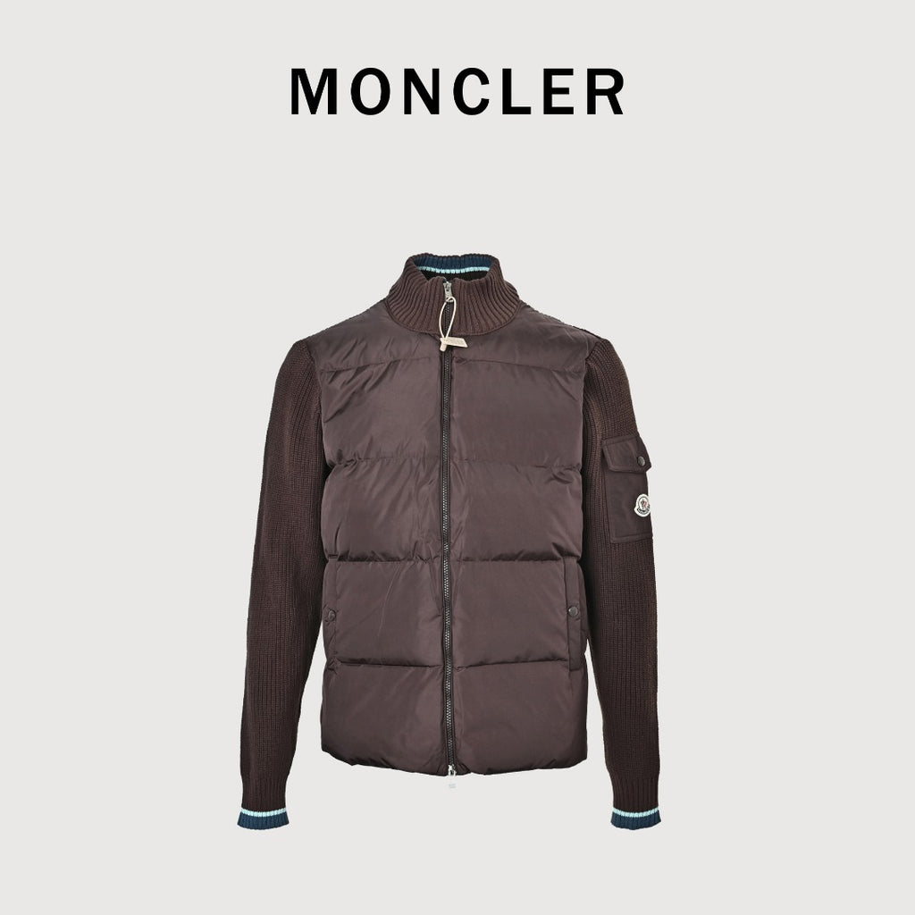 Moncler Color-Trim Knit Hybrid Down Jacket - Brown