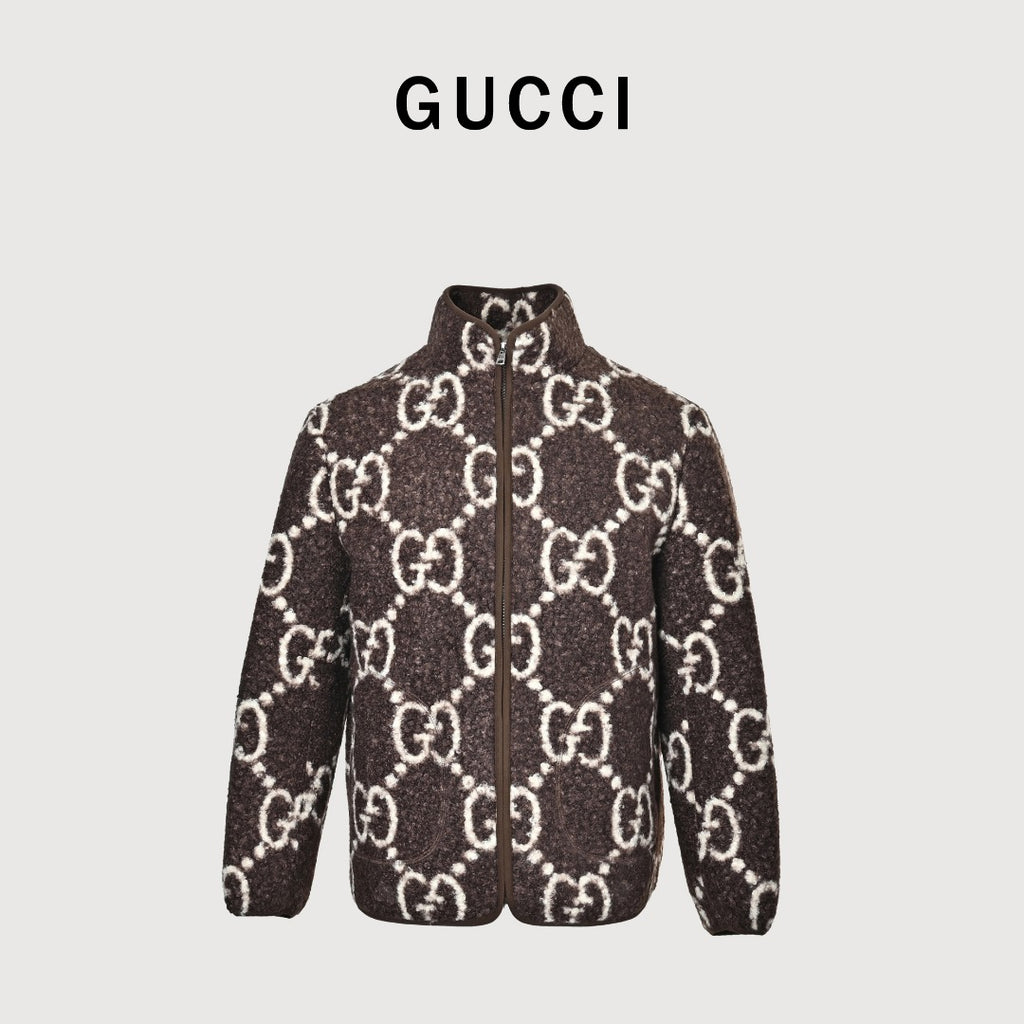 Gucci Allover GG Sherpa-Style Stand-Collar Zip Jacket - Brown and Cream
