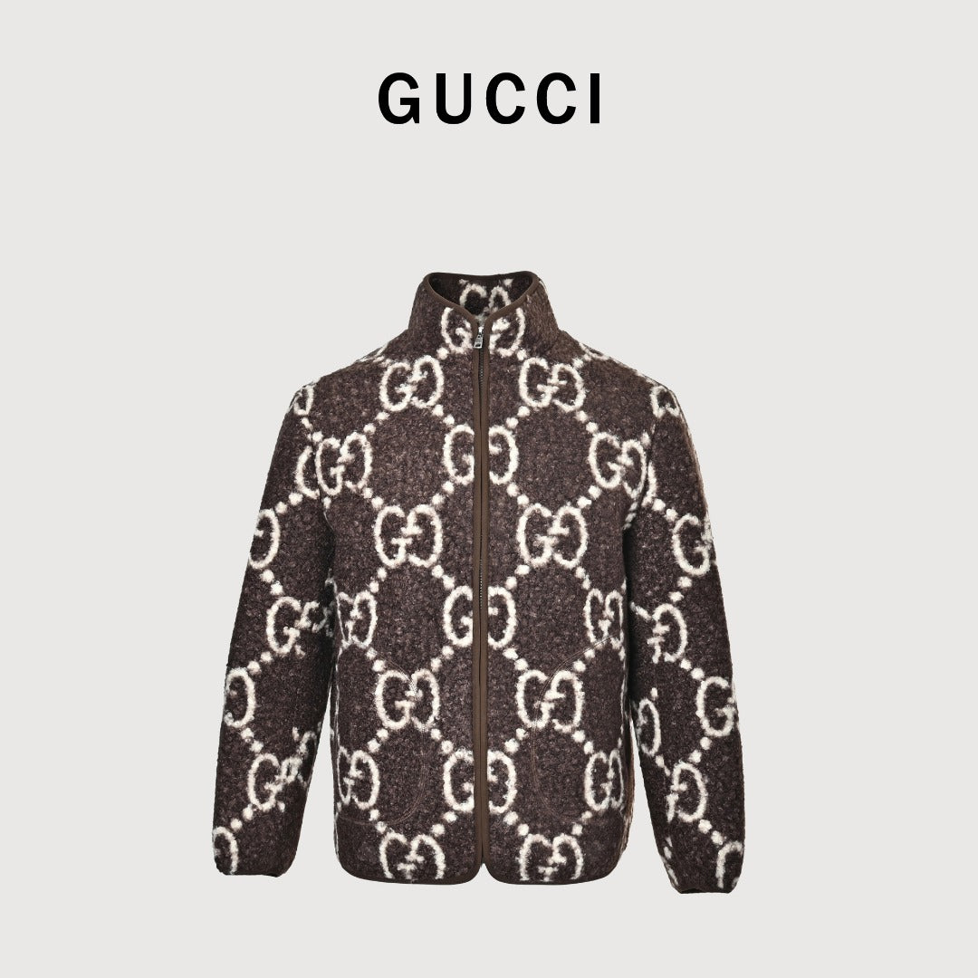 Gucci Allover GG Sherpa-Style Stand-Collar Zip Jacket - Brown and Cream