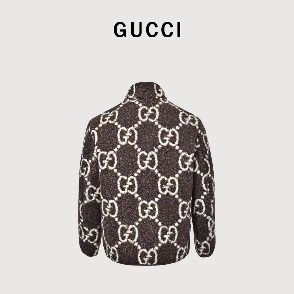 Gucci Allover GG Sherpa-Style Stand-Collar Zip Jacket - Brown and Cream