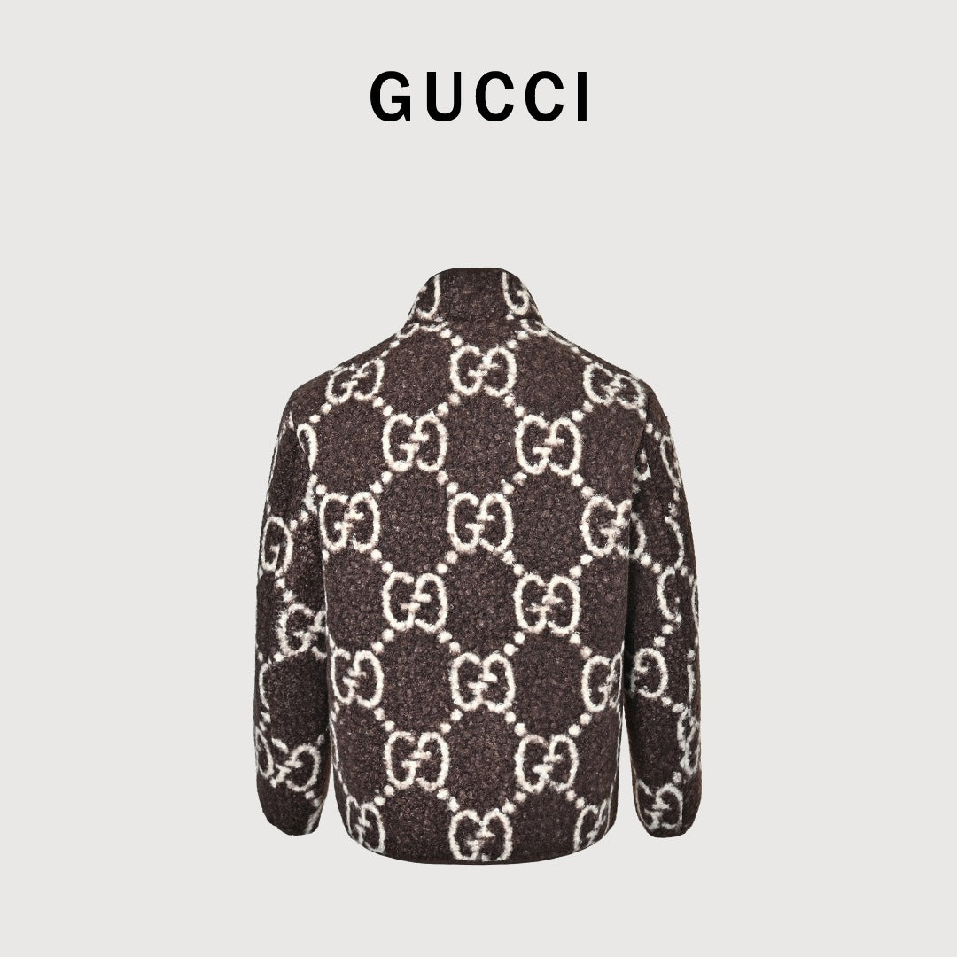 Gucci Allover GG Sherpa-Style Stand-Collar Zip Jacket - Brown and Cream