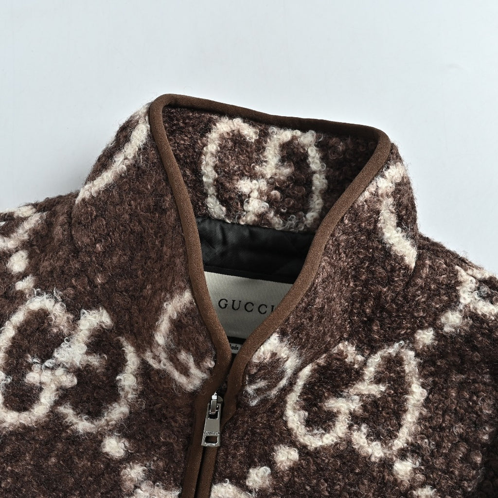 Gucci Allover GG Sherpa-Style Stand-Collar Zip Jacket - Brown and Cream