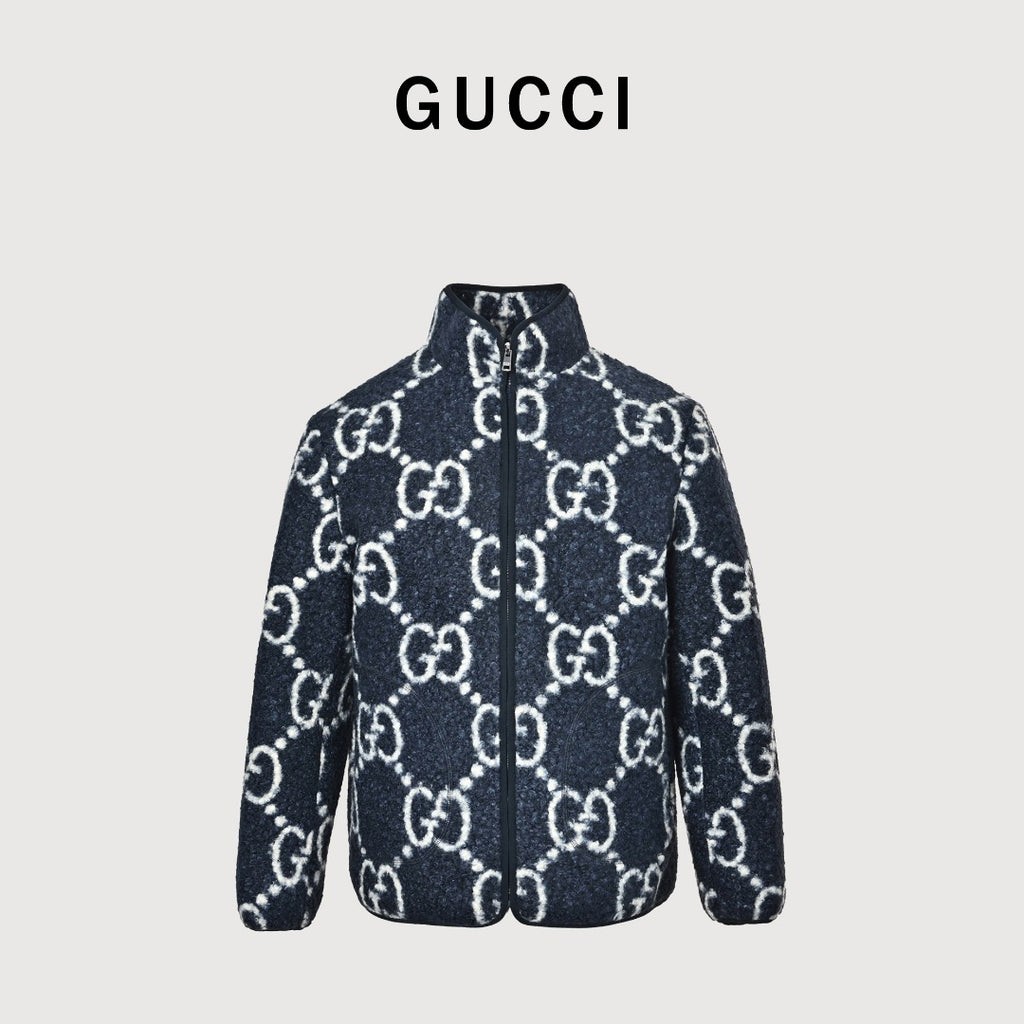 Gucci Allover GG Sherpa-Style Stand-Collar Zip Jacket - Navy and Cream
