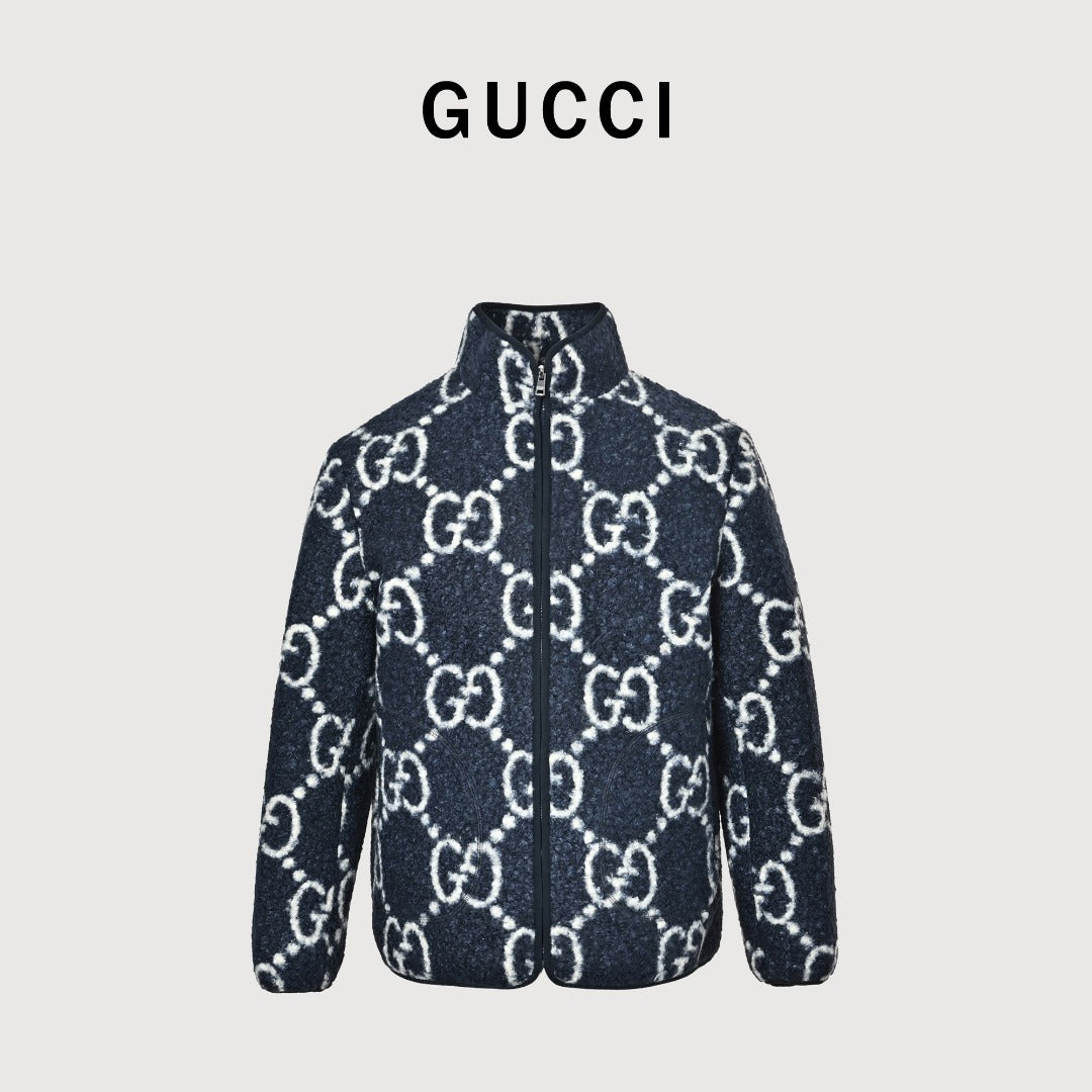 Gucci Allover GG Sherpa-Style Stand-Collar Zip Jacket - Navy and Cream