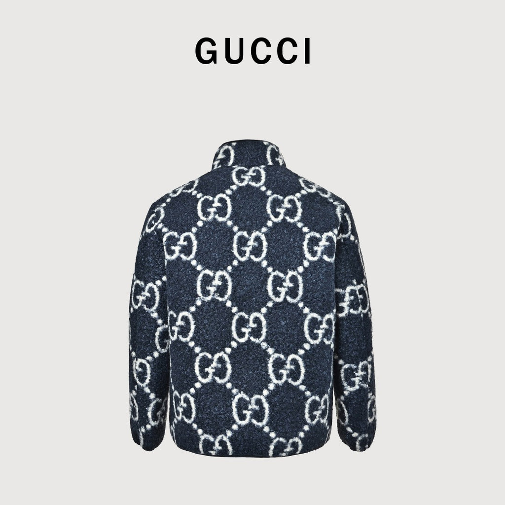 Gucci Allover GG Sherpa-Style Stand-Collar Zip Jacket - Navy and Cream