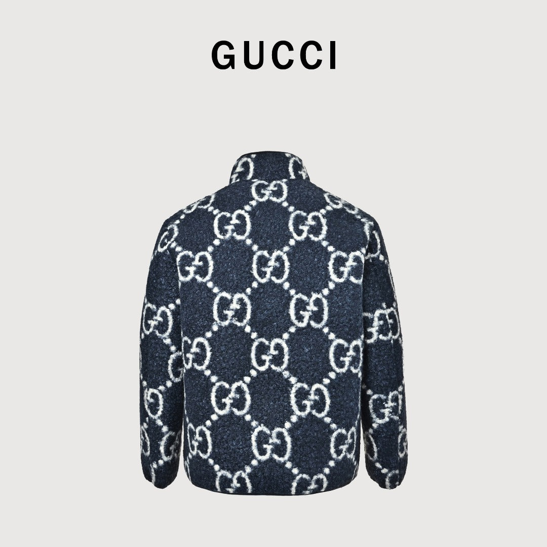 Gucci Allover GG Sherpa-Style Stand-Collar Zip Jacket - Navy and Cream