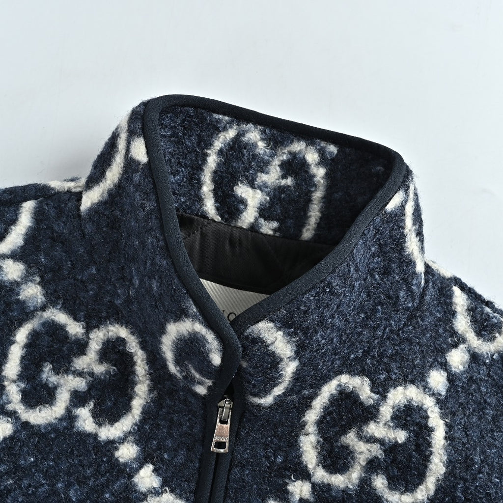 Gucci Allover GG Sherpa-Style Stand-Collar Zip Jacket - Navy and Cream