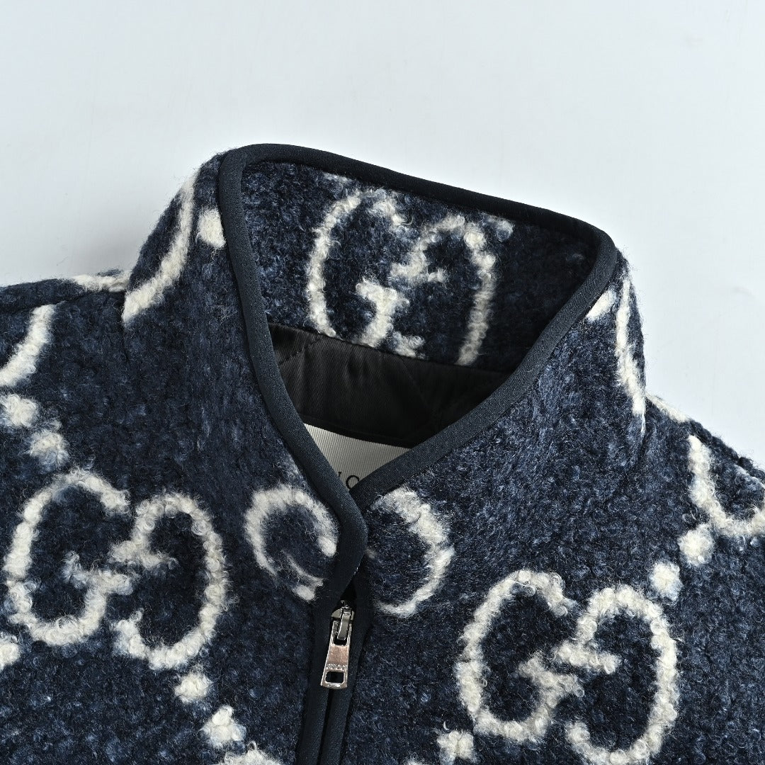 Gucci Allover GG Sherpa-Style Stand-Collar Zip Jacket - Navy and Cream