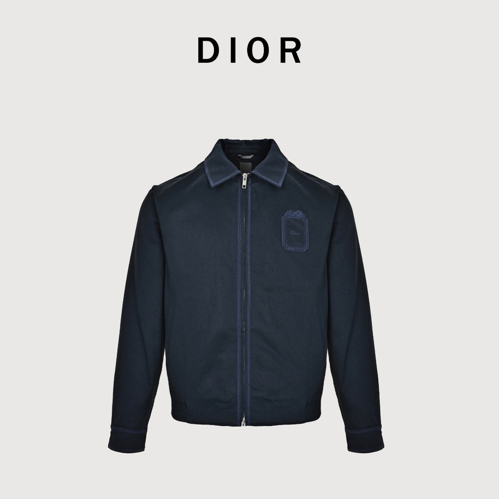 DIOR CD Embroidered Patch Gabardine Zip Jacket - Navy Blue
