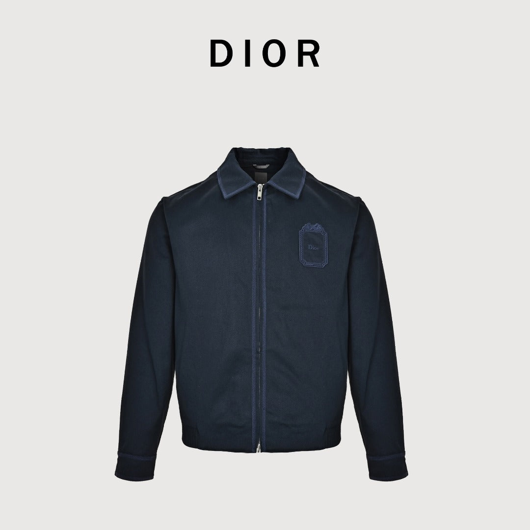 DIOR CD Embroidered Patch Gabardine Zip Jacket - Navy Blue