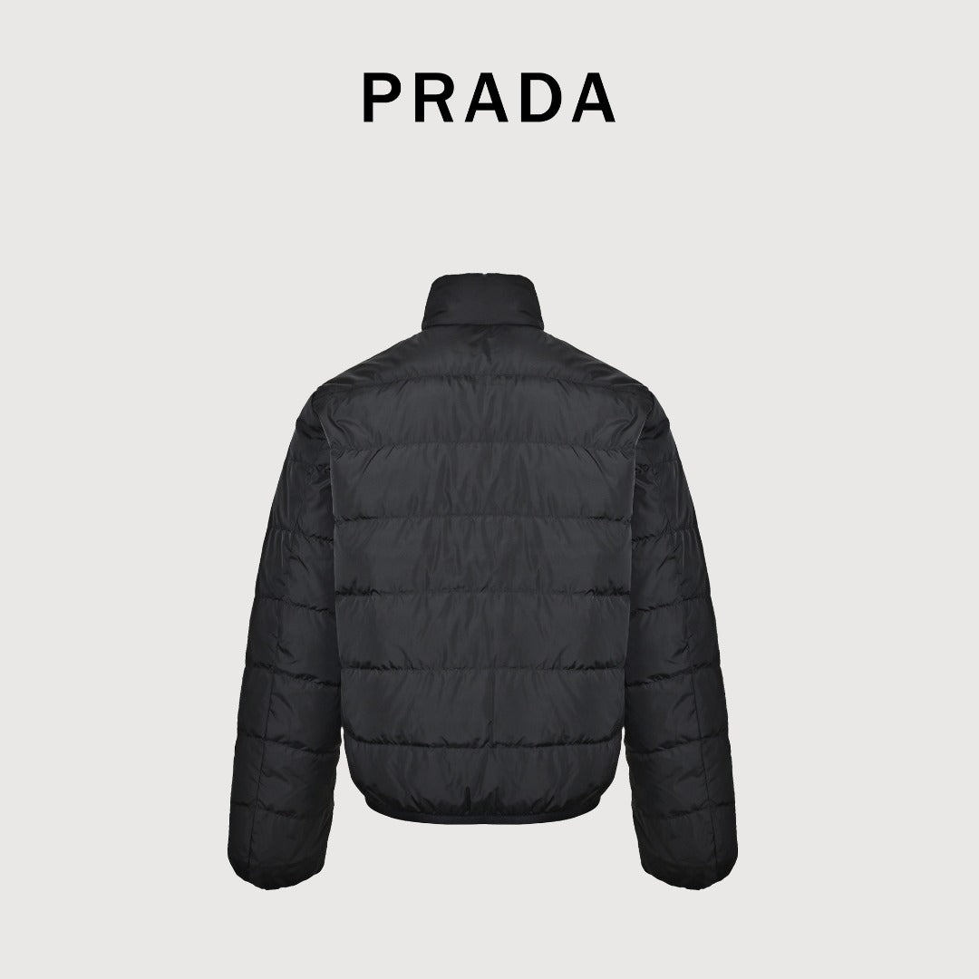 PRADA Triangle Logo Stand-Collar Down Jacket - Black