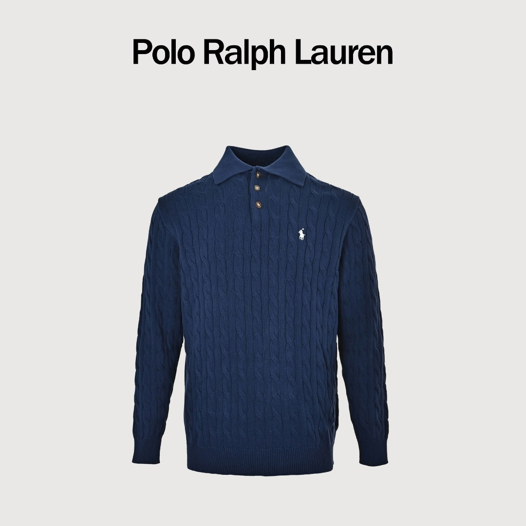 Ralph Lauren Cable-Knit Three-Button Polo Sweater - Navy Blue