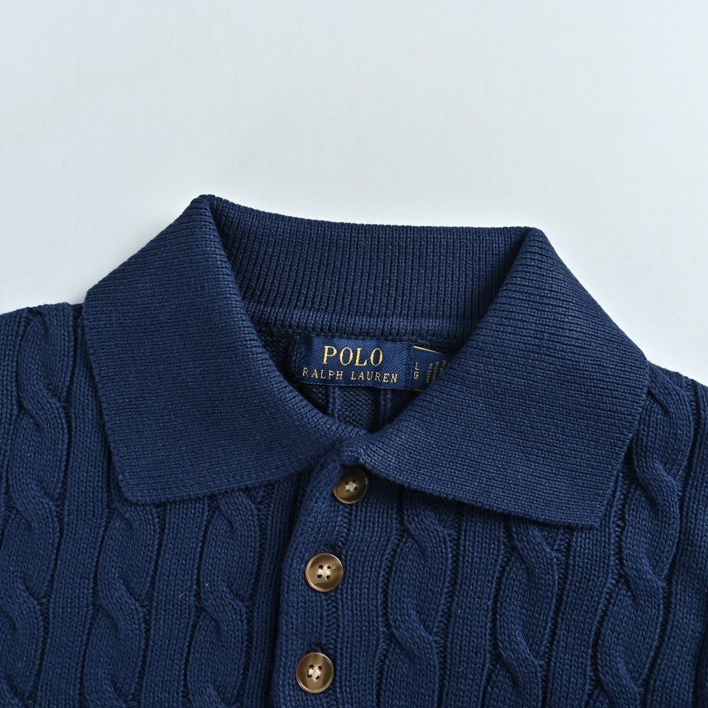 Ralph Lauren Cable-Knit Three-Button Polo Sweater - Navy Blue