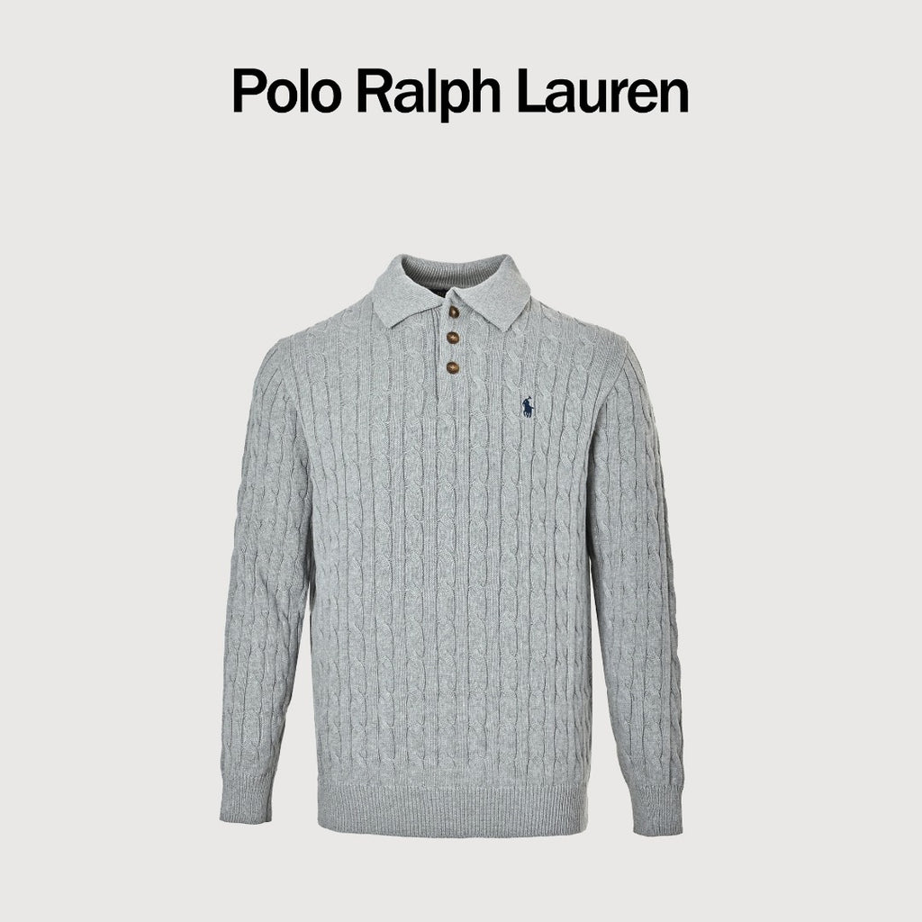 Ralph Lauren Cable-Knit Three-Button Polo Sweater - Light Gray