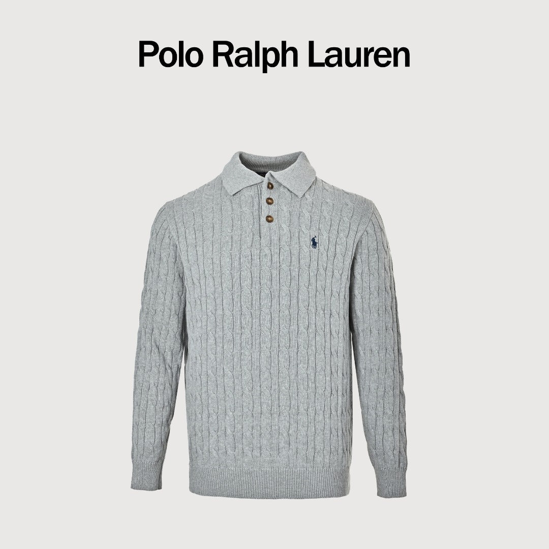 Ralph Lauren Cable-Knit Three-Button Polo Sweater - Light Gray