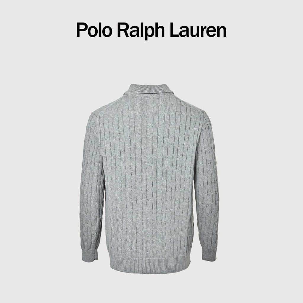 Ralph Lauren Cable-Knit Three-Button Polo Sweater - Light Gray