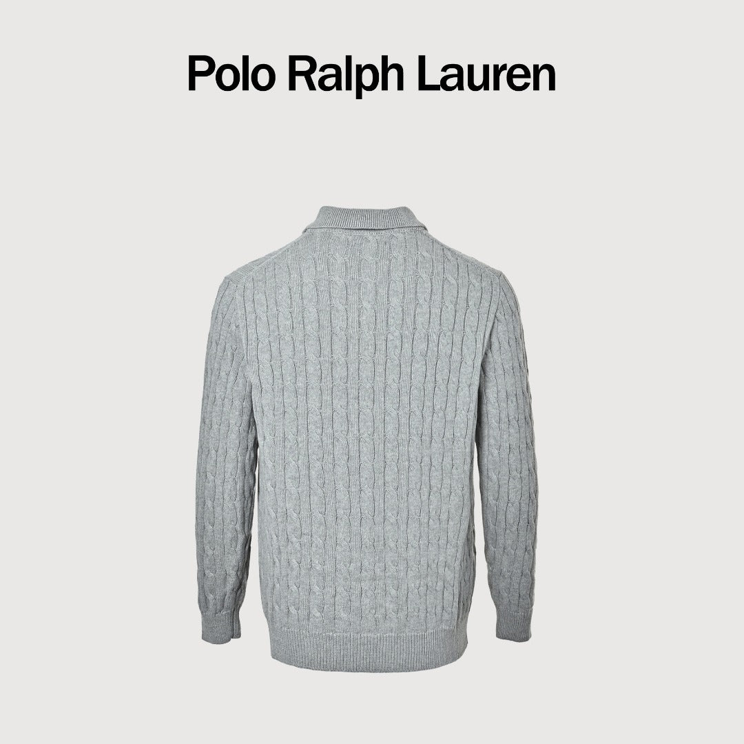 Ralph Lauren Cable-Knit Three-Button Polo Sweater - Light Gray