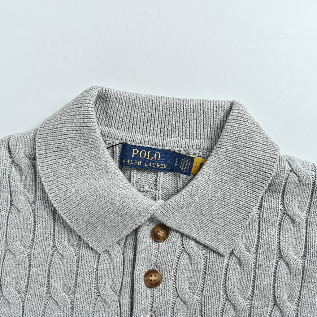 Ralph Lauren Cable-Knit Three-Button Polo Sweater - Light Gray