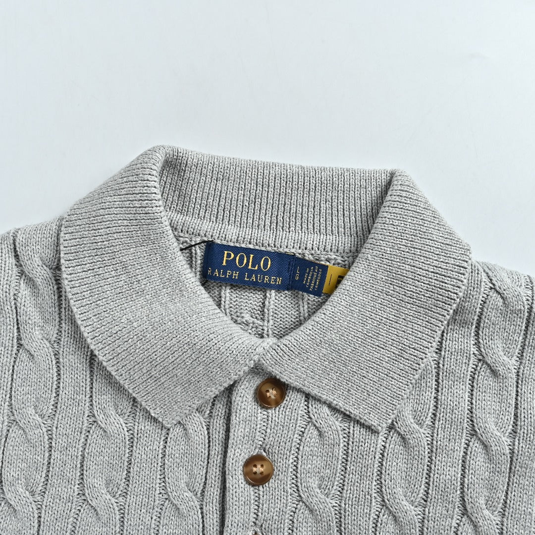 Ralph Lauren Cable-Knit Three-Button Polo Sweater - Light Gray