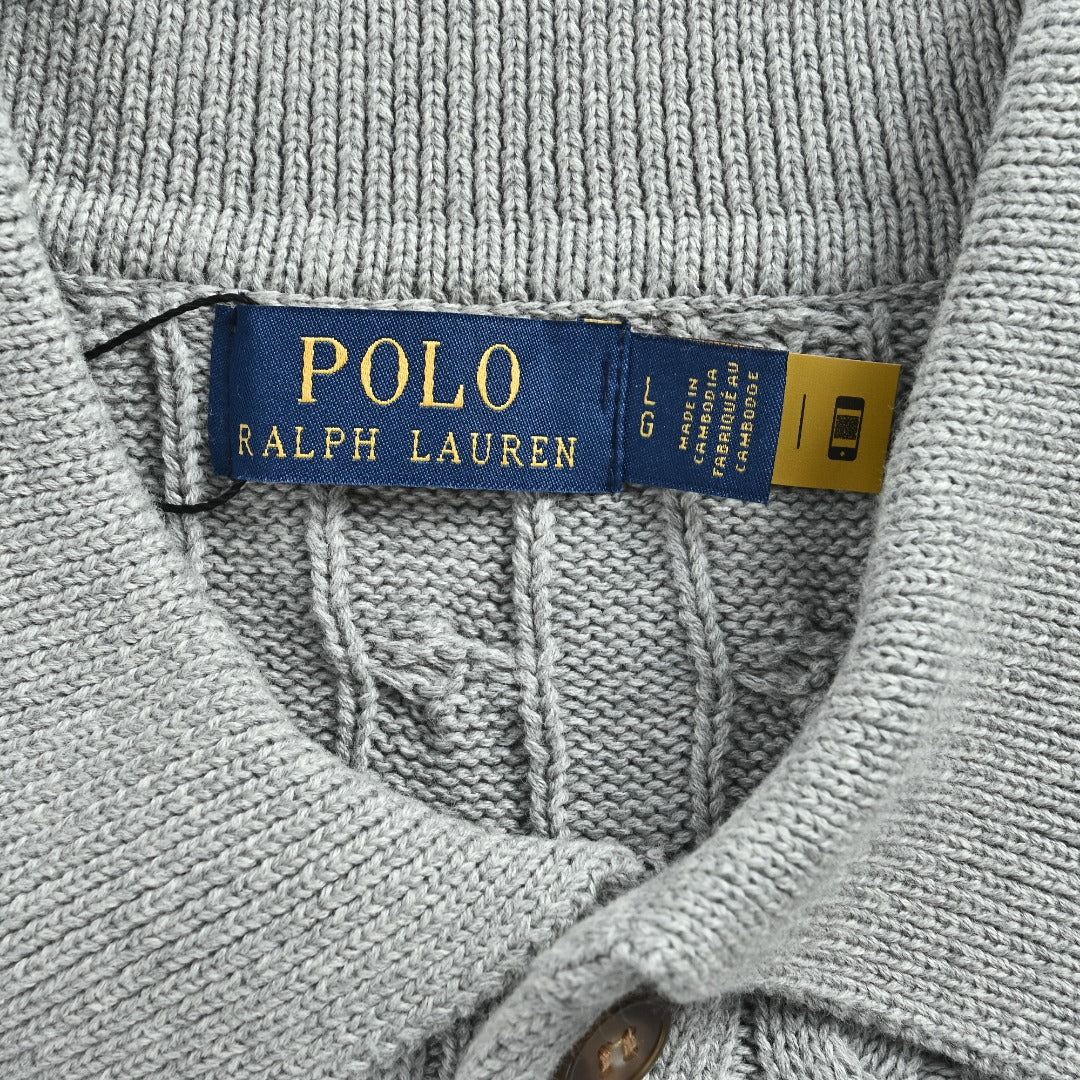 Ralph Lauren Cable-Knit Three-Button Polo Sweater - Light Gray