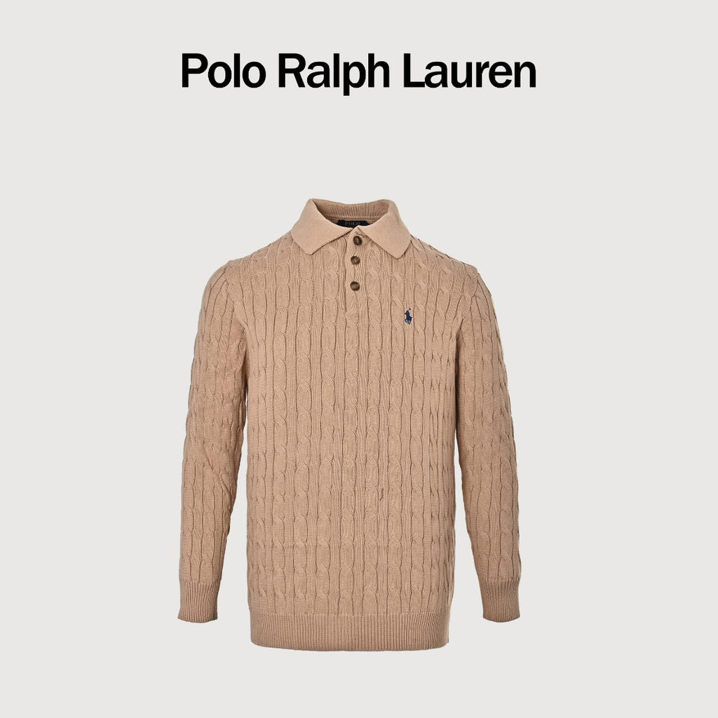 Ralph Lauren Cable-Knit Three-Button Polo Sweater - Camel
