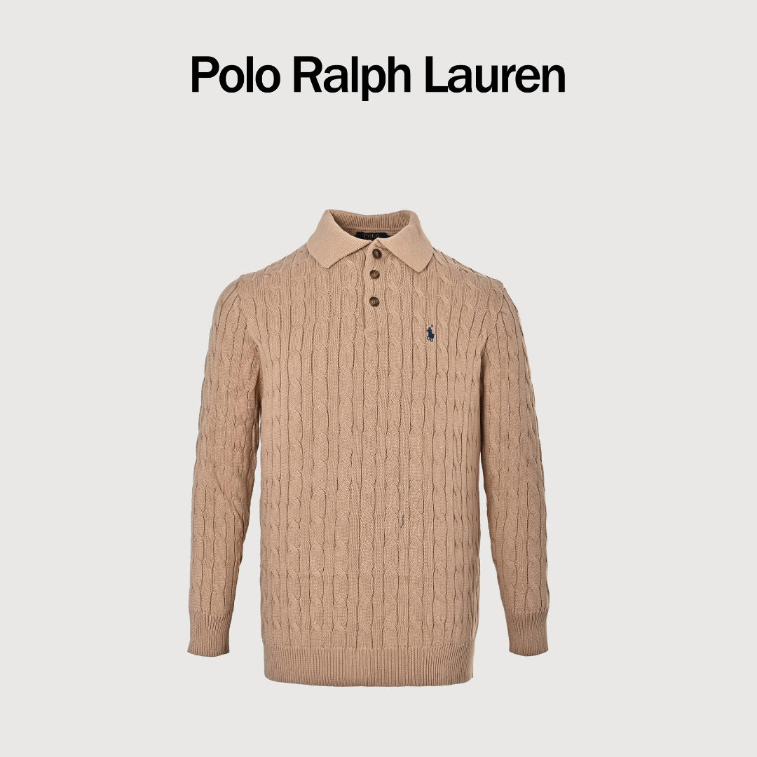 Ralph Lauren Cable-Knit Three-Button Polo Sweater - Camel
