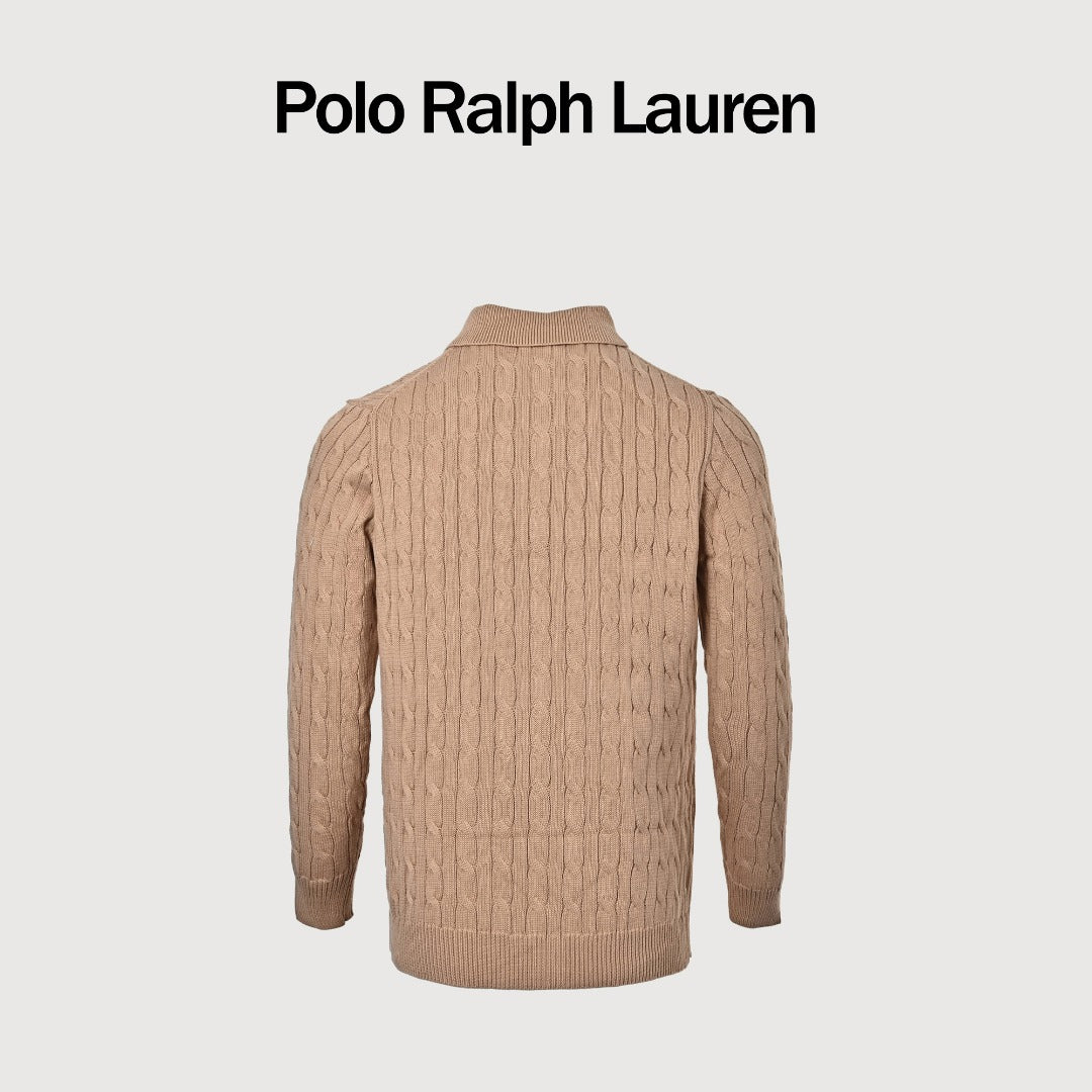 Ralph Lauren Cable-Knit Three-Button Polo Sweater - Camel