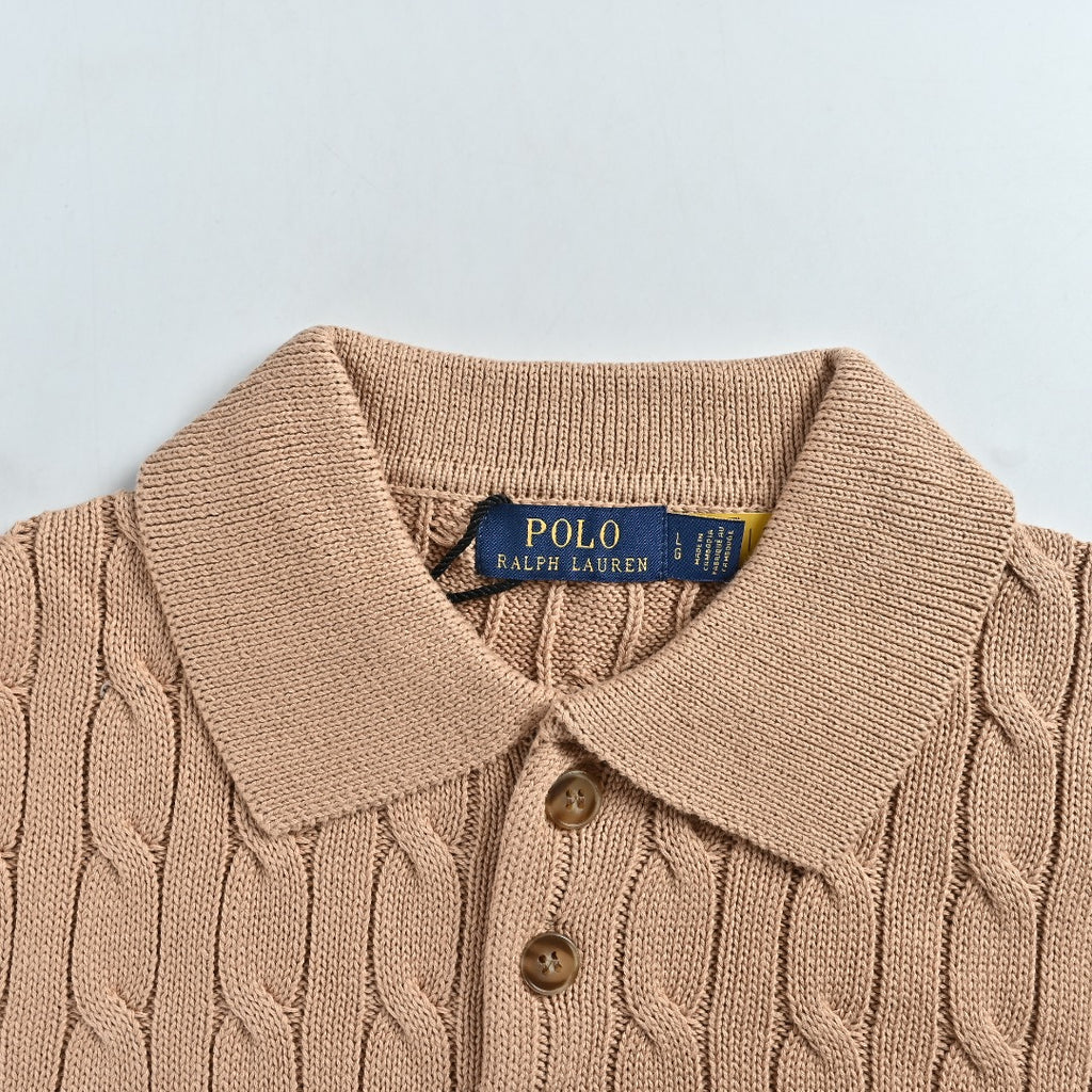 Ralph Lauren Cable-Knit Three-Button Polo Sweater - Camel